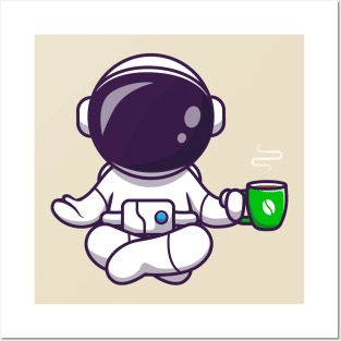 Astronaut Yoga With Coffee Cartoon Posters and Art